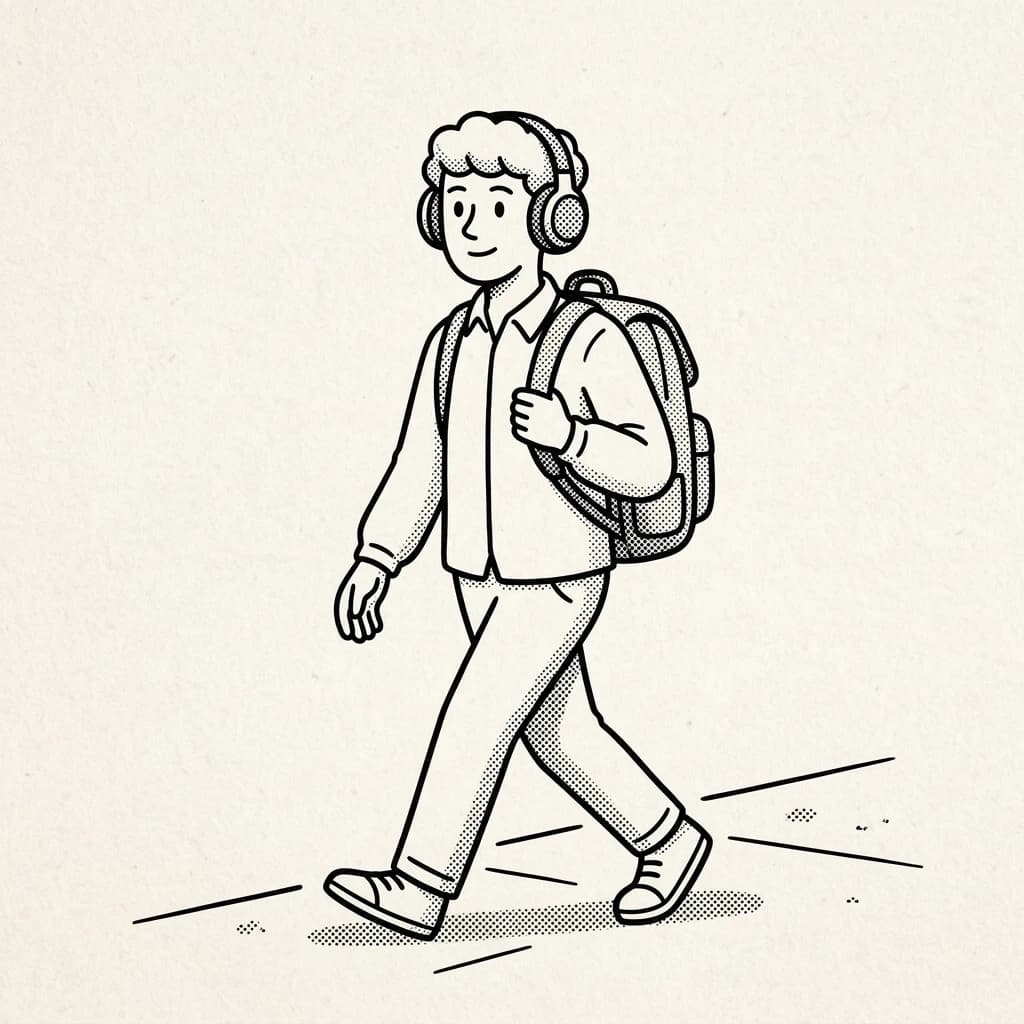 A traveller with headphones and a backpack exploring on foot