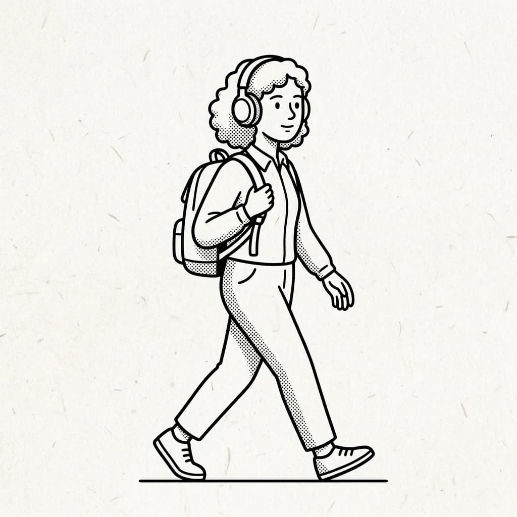 A traveller with headphones and a backpack walking through a new city